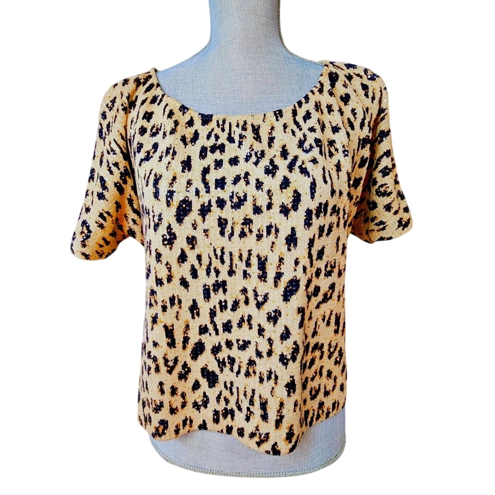 St. John Gold Leopard Sequin Studded Santana Knit Top XL Mob Wife Luxury Luxe